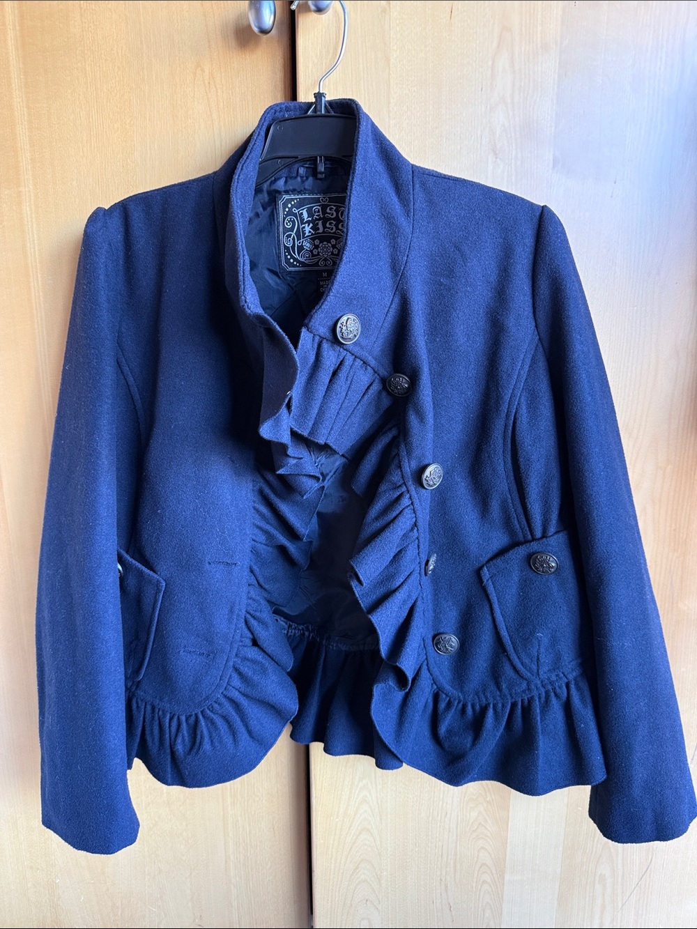 last kiss Navy Ruffle-Front Peplum Blazer